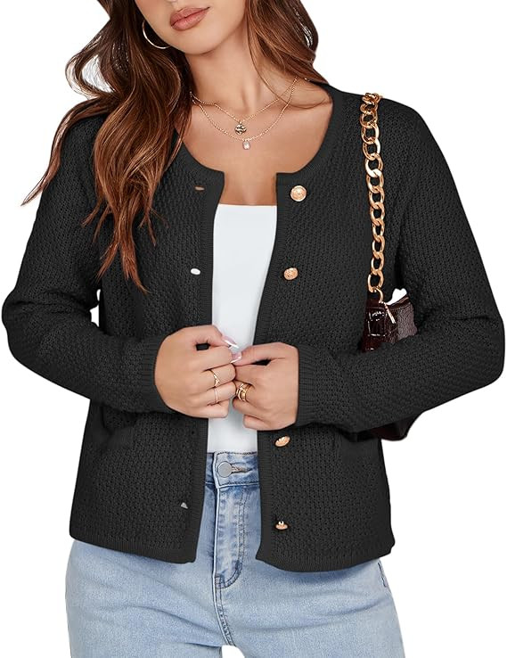 Saodimallsu Womens Cropped Cardigan Sweaters Chunky Button Down Long Sleeve Crewneck Waffle Knit ... | Amazon (US)