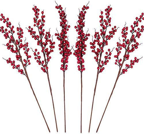 Greentime 6 Pack Artificial Berry Long Stems Fake 25.2 Inches Christmas Red Berries Faux Holly Be... | Amazon (US)