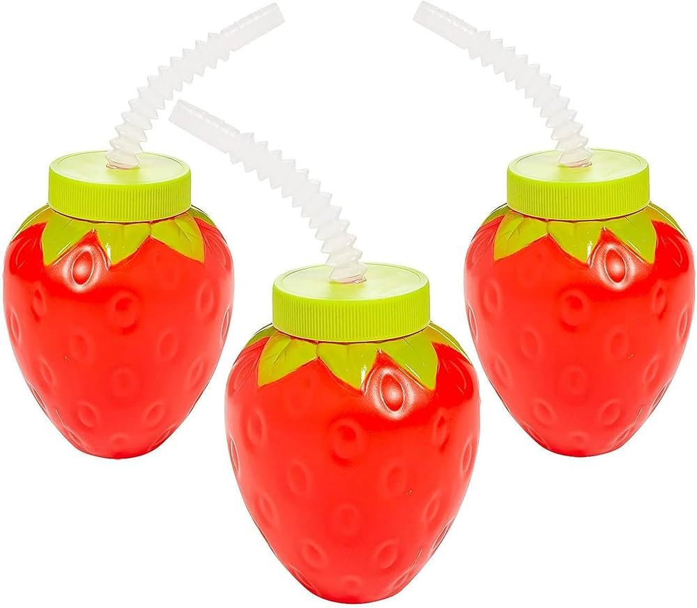Fun Express 12 Pieces Strawberry Molded Cups with Lids & Straws, Hold 4 oz, BPA Free Plastic, Bir... | Amazon (US)