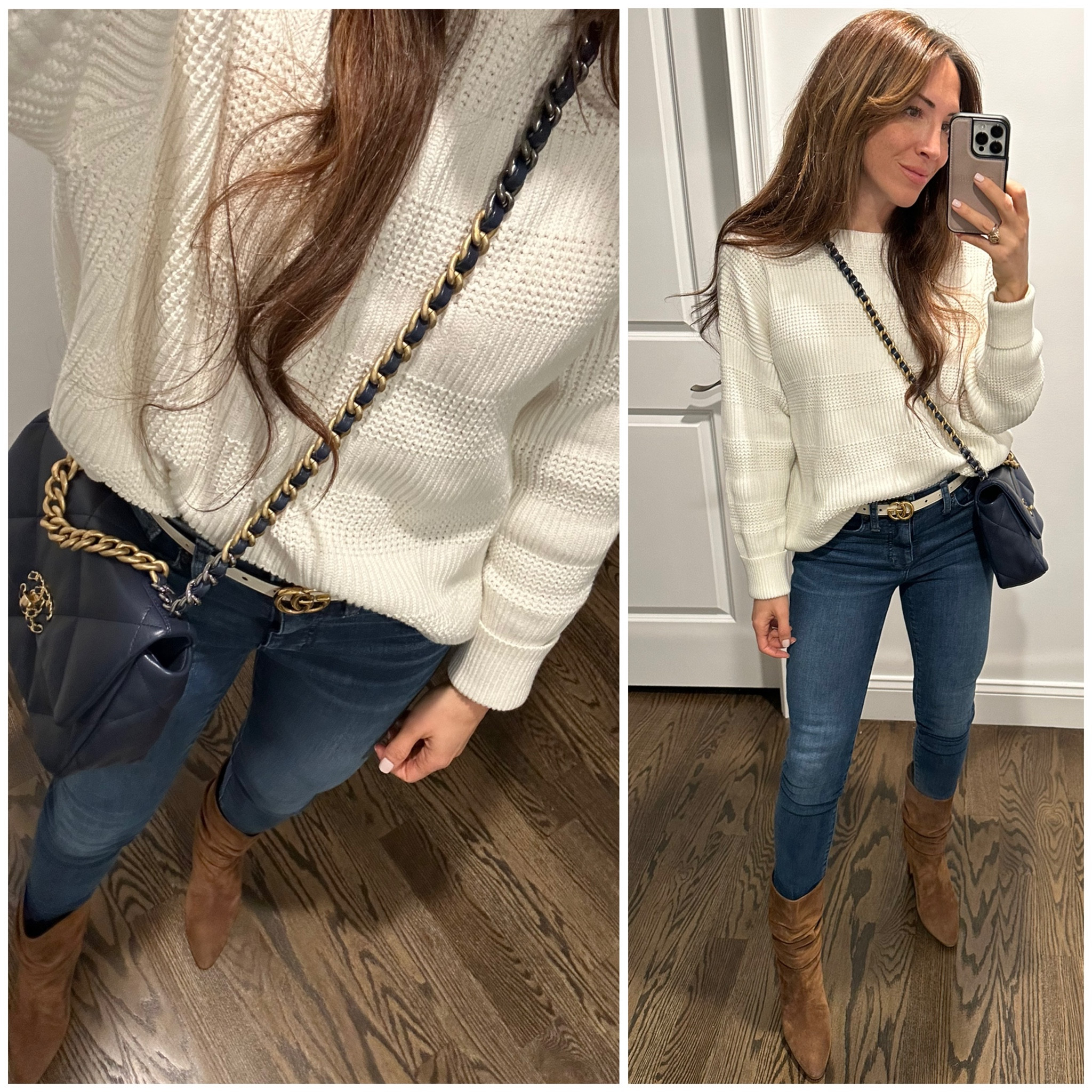 Wearing French connection textured boat neck sweater, madewell tencel dark wash jeans, Manolo blahnik suede booties, Gucci reversible belt, navy chanel 19