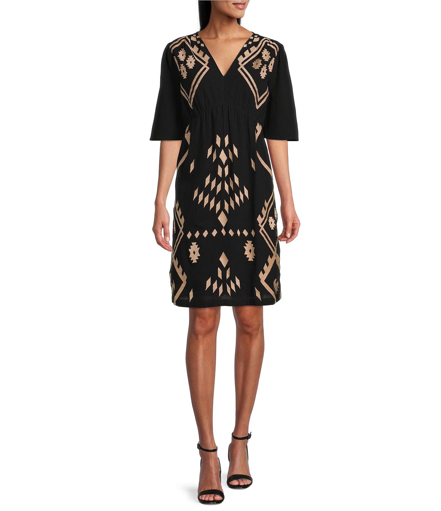 Cotton Gauze V-Neck Short Sleeve Empire Waist Embroidered Dress | Dillard's