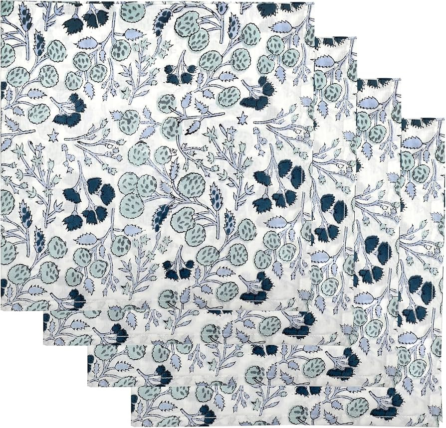 Ridhi Denim Blue Hand Block Print 100% Cotton Napkins 18" x 18" (Set of 4) Reuseable Kitchen Napk... | Amazon (US)