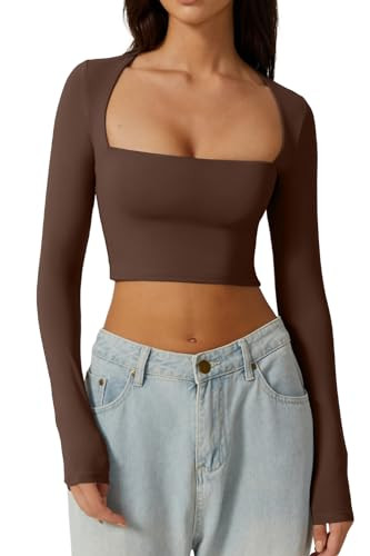 QINSEN Women's Sexy Square Neck Crop Top Long Sleeve Slim Fit Cropped T Shirts | Amazon (US)