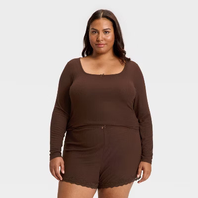 Women's Variegated Ribbed Long Sleeve Pajama Top - Auden™ Brown 2X | Target