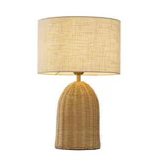 1-Light 20 in. Natural Coastal Small Brass Rattan Bedside Table Lamp with Dome Shape Base and Dru... | The Home Depot