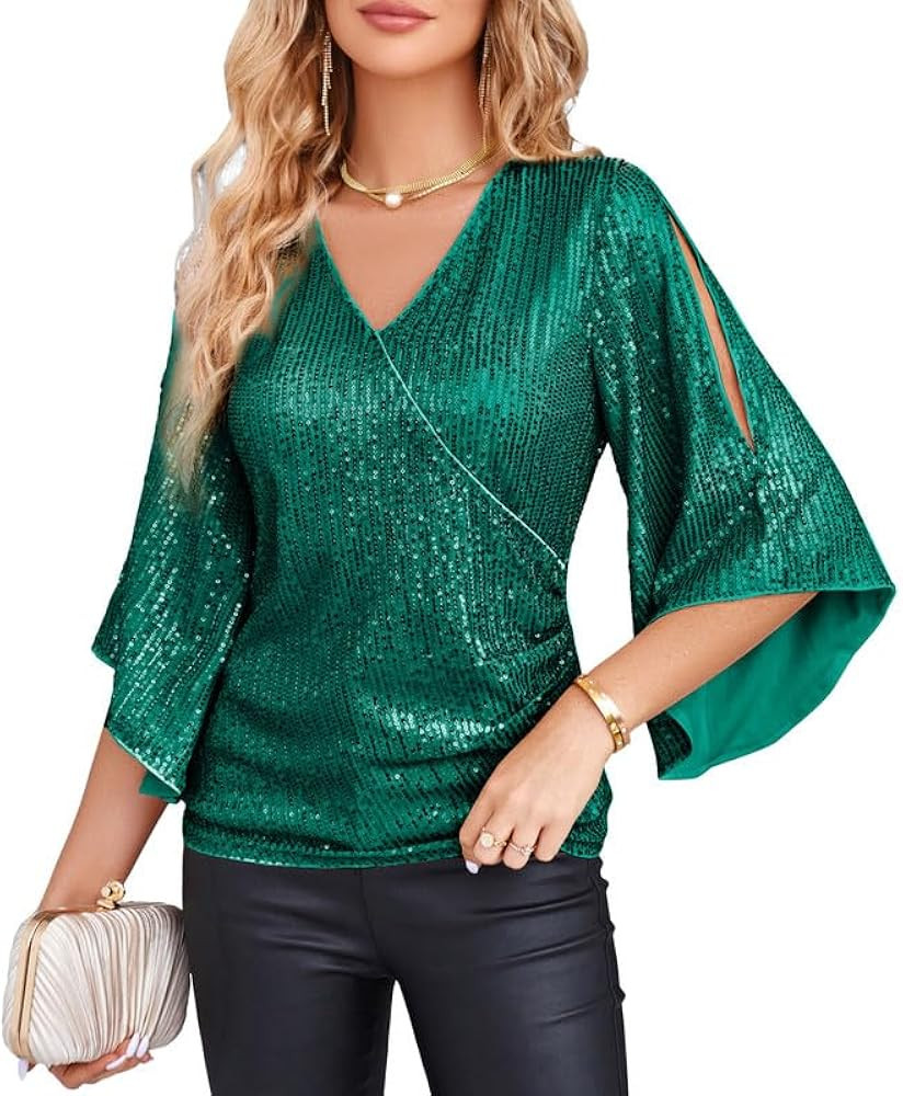 GRACE KARIN Womens Sequin Tops 3/4 Sleeve Glitter Sparkly Party Blouse V-Neck Dressy Tops for Eve... | Amazon (US)