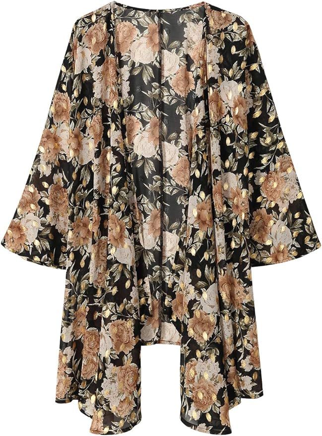 olrain Women's Floral Print Sheer Chiffon Loose Kimono Cardigan Capes | Amazon (US)