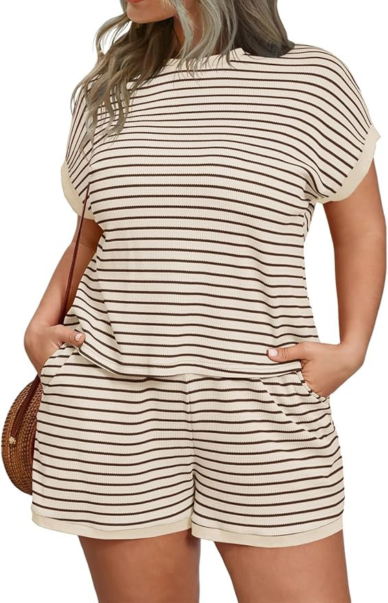 Beautife Womens Plus Size Lounge Set 2 Piece Outfits Stripe Short Sleeve Shirts Tops Shorts Summe... | Amazon (US)
