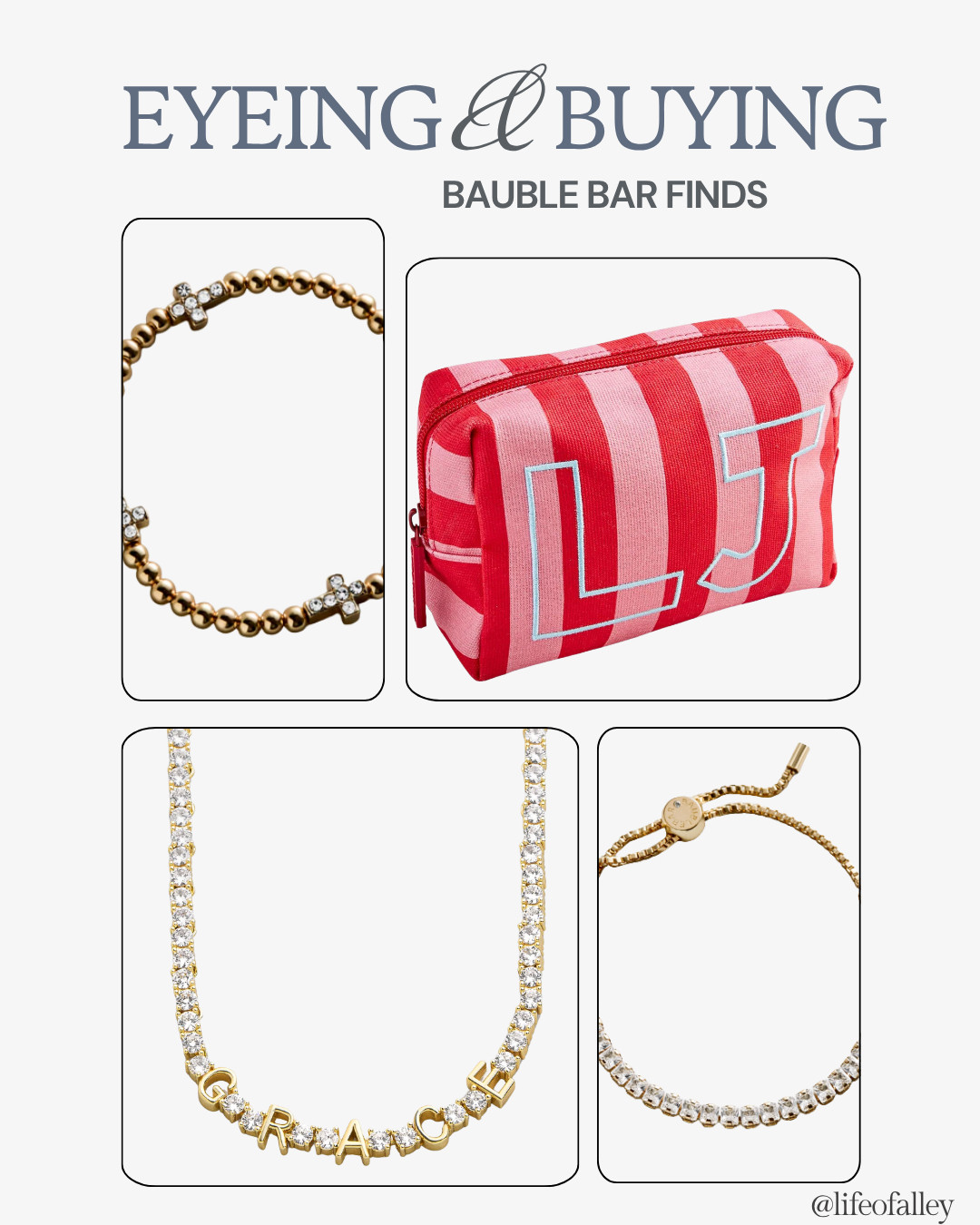 Bauble bar custom pouch for travel! My favorite bauble bar bracelets and custom necklace. 

 #LTKselfcare #LTKOver40 #LTKTravel