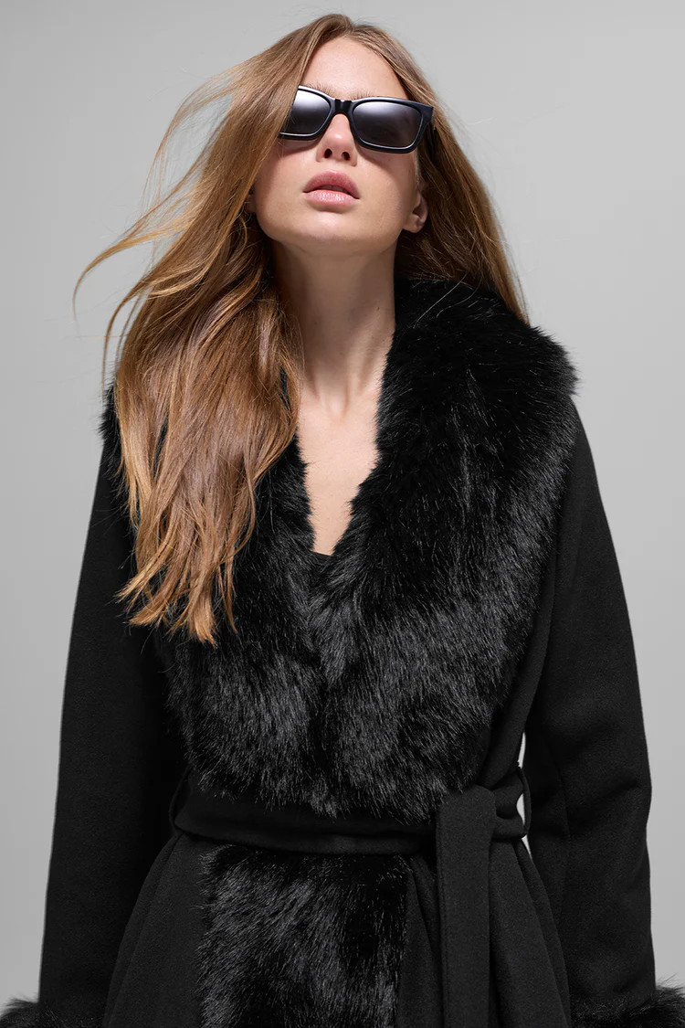 Faux Fur Trimmed Longline Coat - Black | Alo Yoga (US)