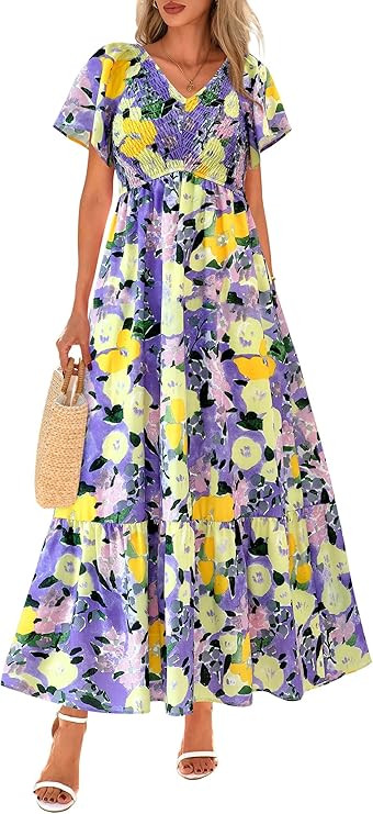 PRETTYGARDEN Boho Dresses for Women 2026 Summer Floral Short Sleeve V Neck Smocked Flowy Beach Va... | Amazon (US)