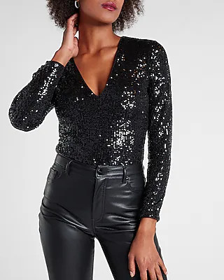 Sequin Deep V-neck Thong Bodysuit | Express