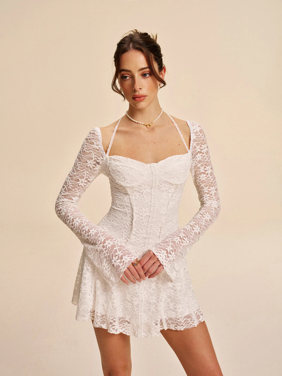 Semi-Sheer Corset Lace Halter Dress | Commense