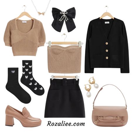 Coquette Outfit #4

Black cardigan with gold buttons
Neutral knit top tube top
Black Belted mini skirt
Pearl Bow necklace black bow hair clip
Pearl earrings block heel loafers
Dark coquette outfit

#LTKstyletip #LTKshoecrush #LTKitbag