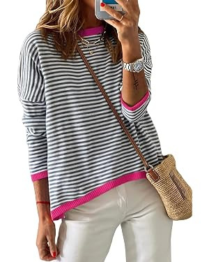 Dokotoo Long Sleeve Shirts for Women Casual Spring Crewneck Striped Color Block Shirt High Low Pu... | Amazon (US)