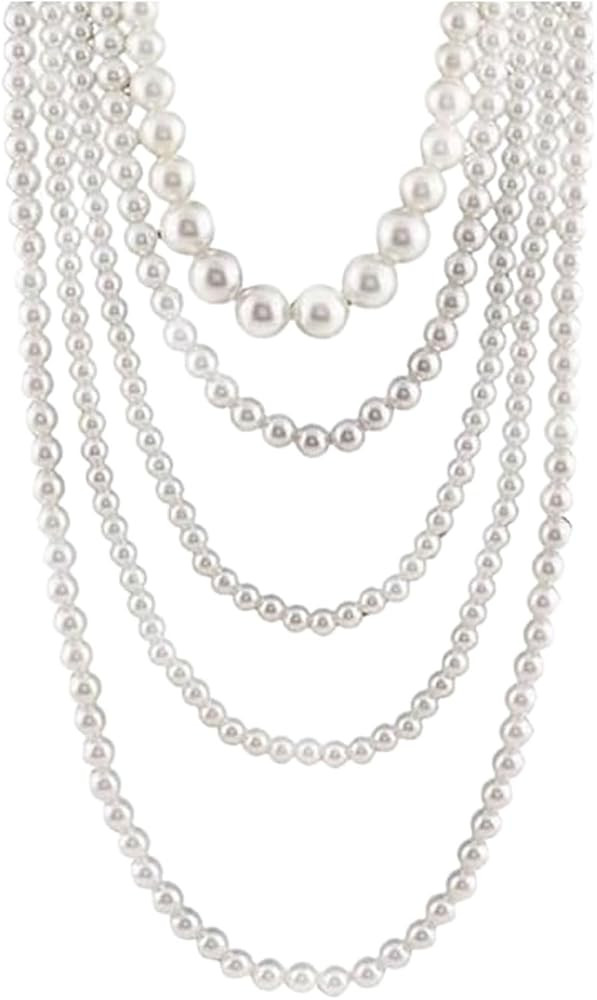 UAIAGM Pearl Necklace for Women Multi Long Strand Layered Pearl Necklaces Chunky Large White Faux... | Amazon (US)