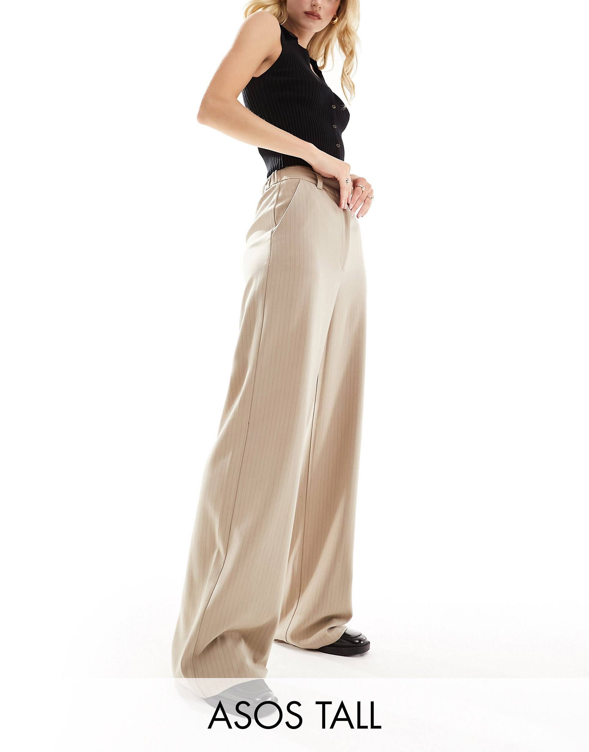 ASOS DESIGN Tall wide leg trouser in taupe pinstripe | ASOS (Global)