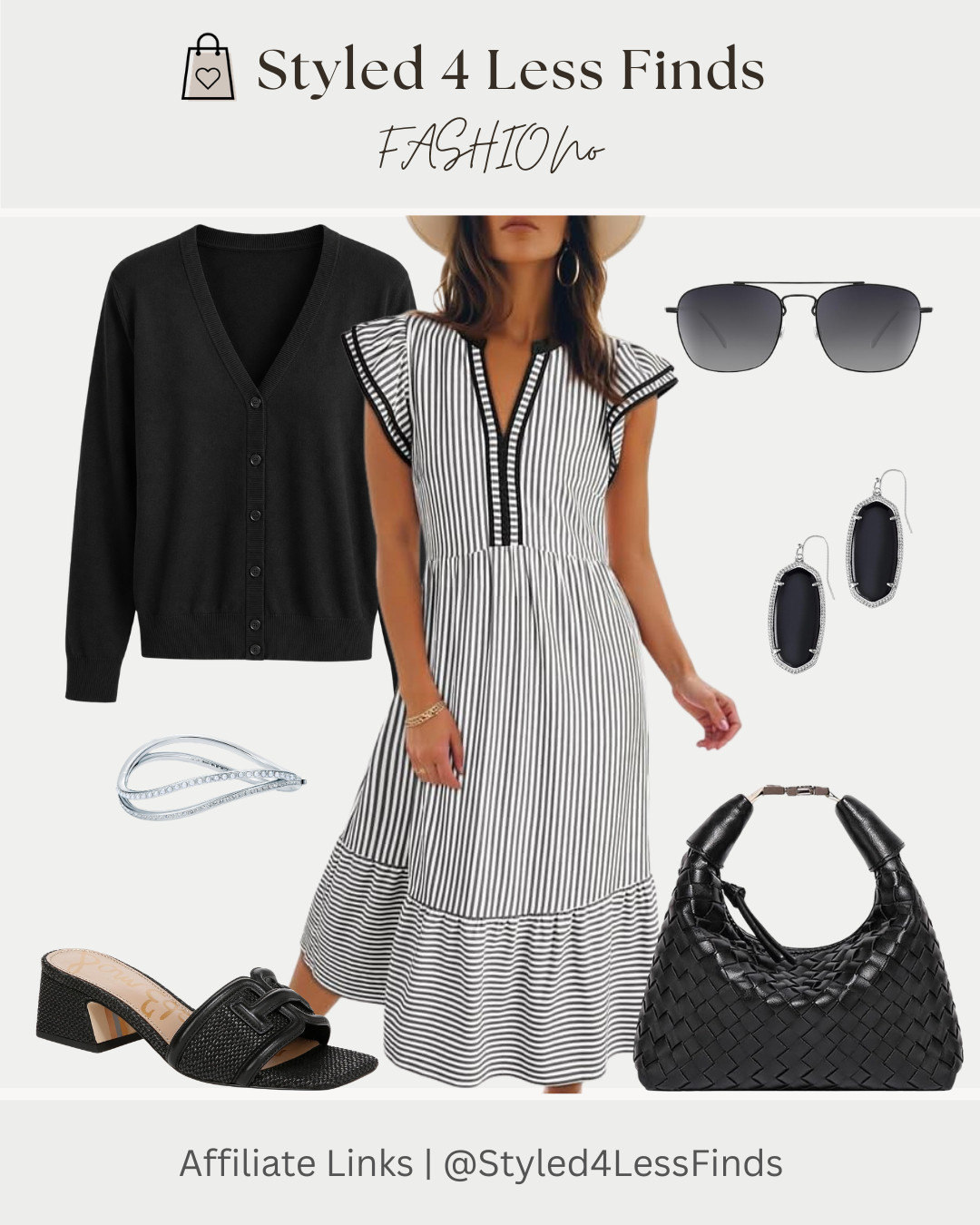 Classic black and white never goes out of style. 🖤 This striped midi dress is effortlessly chic and easy to dress up or down. Pair it with a lightweight black cardigan for cooler mornings, then finish the look with woven accessories, statement earrings, and comfy block heels for an elevated everyday outfit you'll reach for again and again.

✨ Style Tip: Black accessories instantly pull together a black-and-white outfit for a polished, timeless look. Add a cardigan over your shoulders for an effortless layered finish. 

 #LTKcanada #LTKdresses #LTKover50style