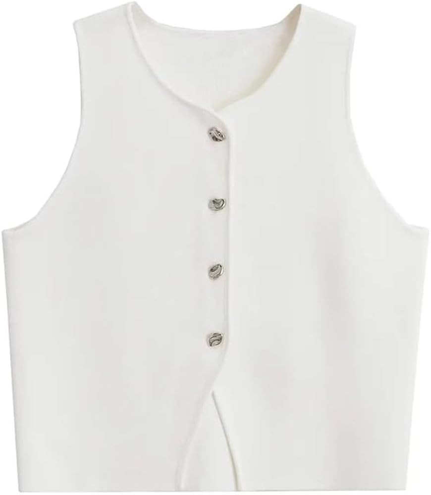 Women's Button Front Knit Cropped Vest Sweater Solid Color V Neck Sleeveless Waistcoat Tops | Amazon (US)