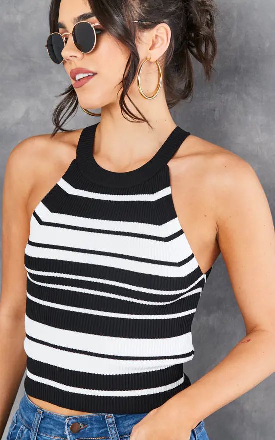 Black & White Sleeveless Striped Halter Neck Top | SilkFred AU | SilkFred