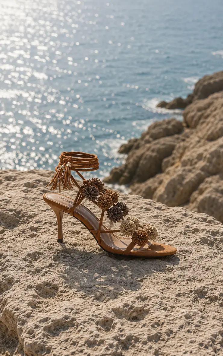 Beige Faux Suede Pom Pom Lace Up Heeled Sandals | PrettyLittleThing UK