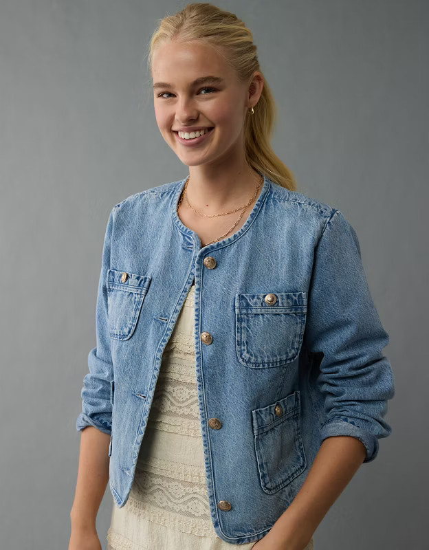 AE Collarless Denim Jacket | American Eagle Outfitters (US & CA)