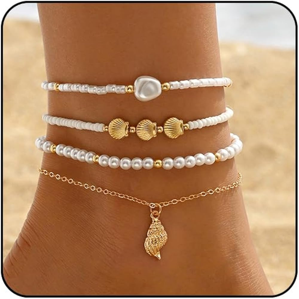 Ankle Bracelets for Women Waterproof Elastic Pearl Beaded Anklets Beach Jewelry for Women Seashel... | Amazon (US)