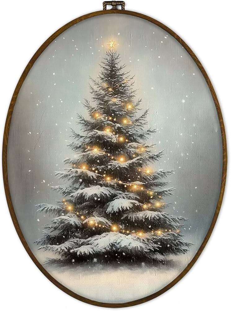 GWFSJYU Christmas Tree Framed Oval Wall Art Decor, Rustic Winter Christmas Pine Tree Canvas Print... | Amazon (US)