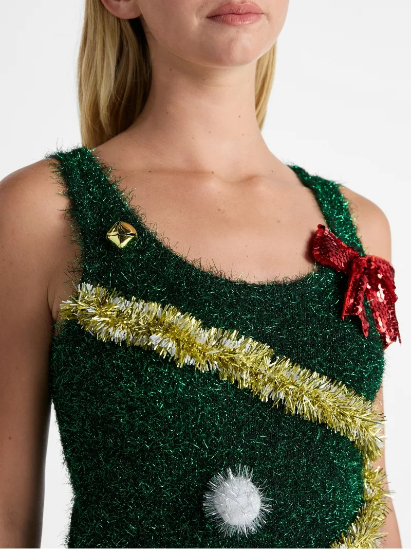 No Boundaries Christmas Tree Tinsel Mini Dress, Women’s | Walmart (US)