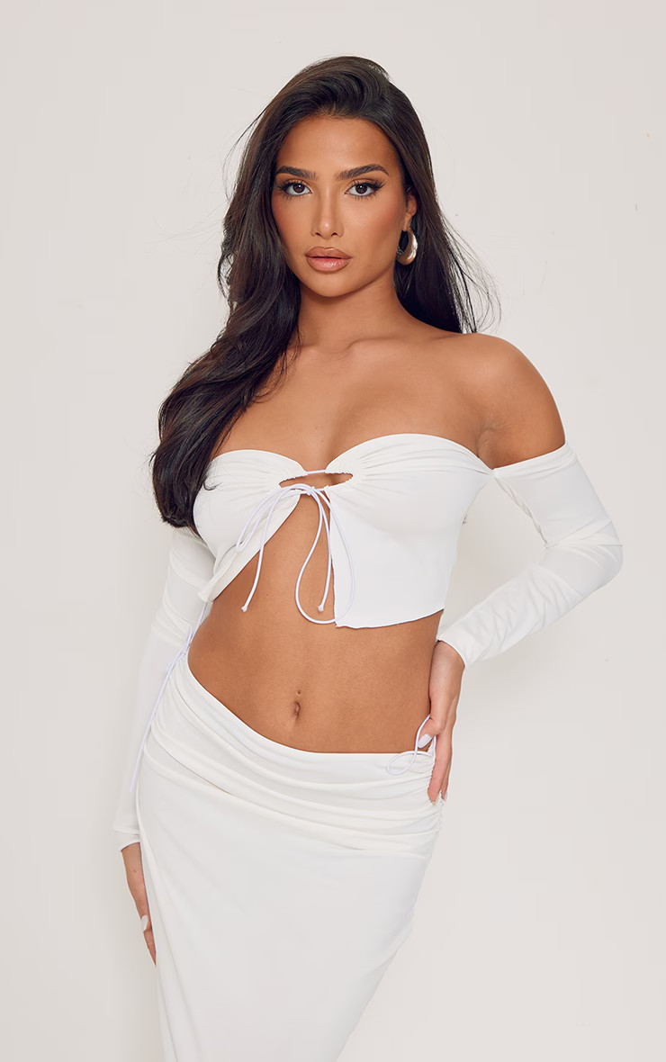 Petite White Off The Shoulder Matte Slinky Crop Top | PrettyLittleThing US