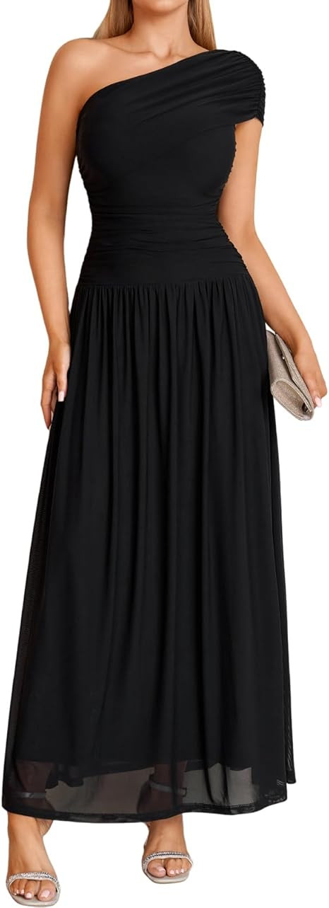 XinFSh Women's One Shoulder Wedding Guest Maxi Dress Ruched Flowy A Line Mesh Long Formal Cocktai... | Amazon (US)