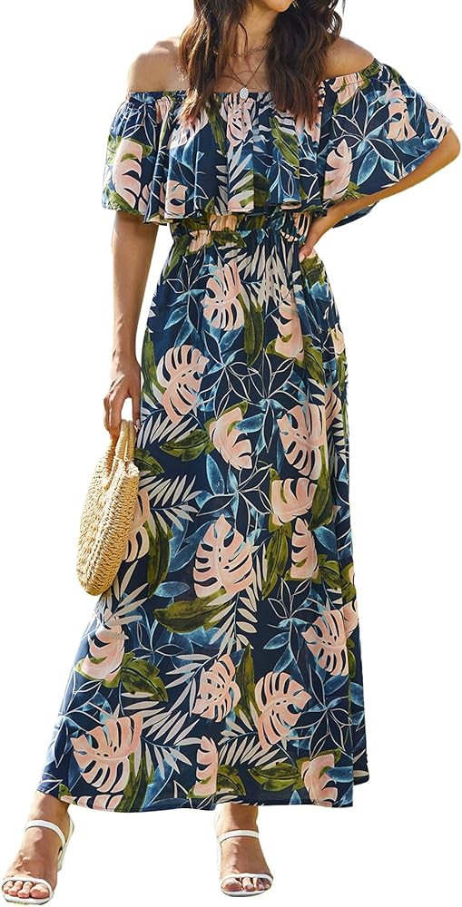 Bluetime Womens Maxi Dress Off Shoulder Floral Print Boho Beach Long Summer Dresses | Amazon (US)