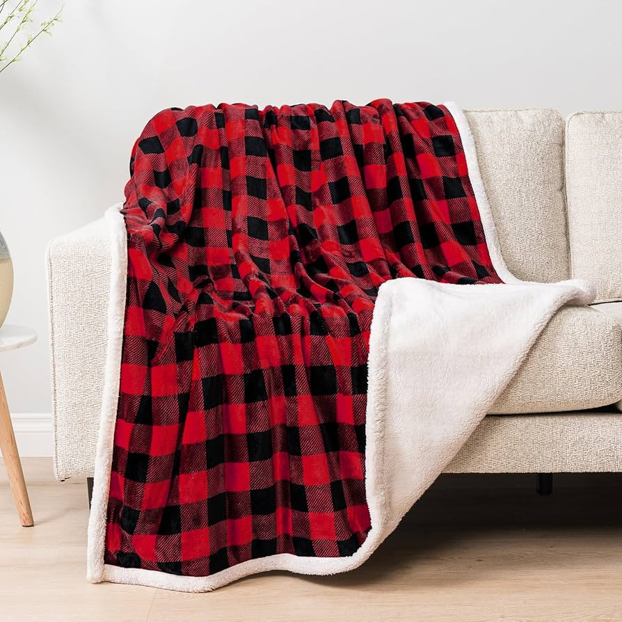 PAVILIA Black and Red Buffalo Plaid Sherpa Throw Blanket for Couch, Plush Red Black Checkered Fle... | Amazon (US)