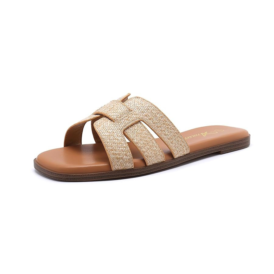 Athlefit Women's Flat Sandals Dressy Summer Square Open Toe Slip On Leather Slide Sandals | Amazon (US)