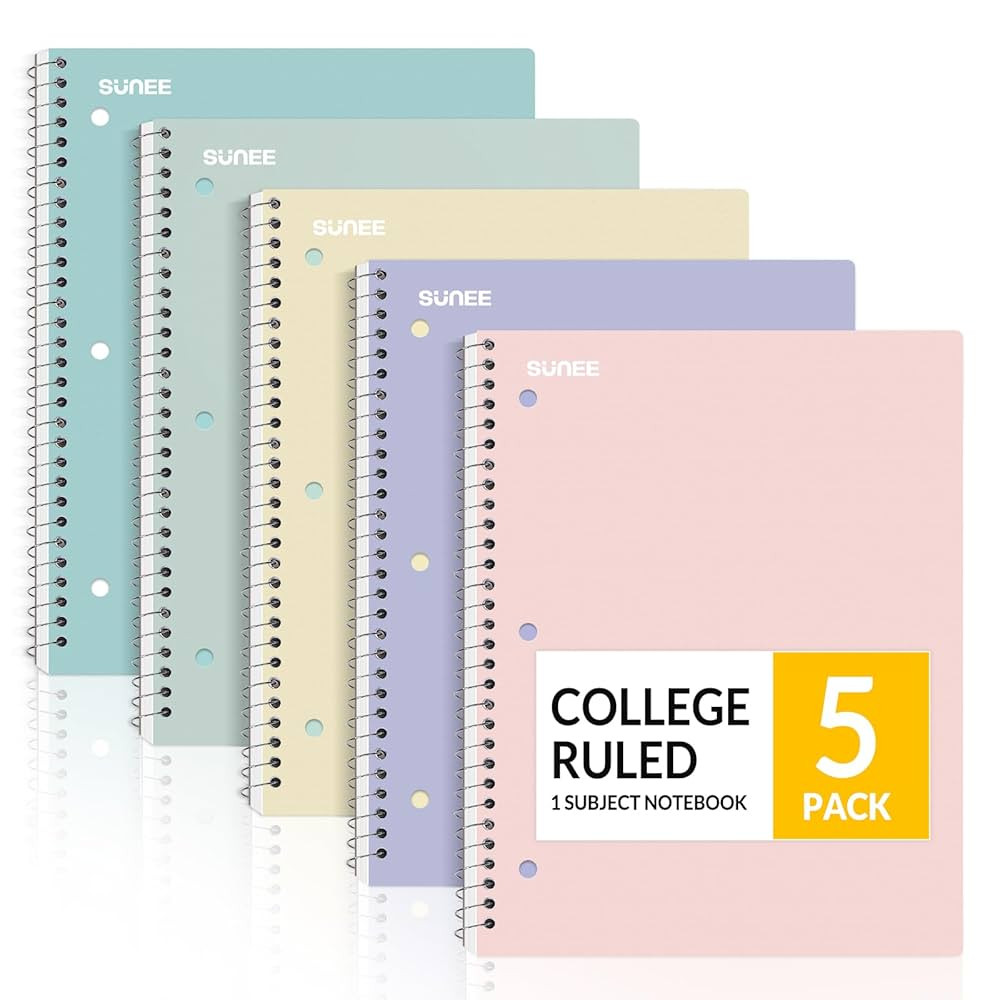 SUNEE Spiral Notebooks, 1-Subject, 5 Pack, College Ruled Paper, 8" x 10-1/2", 70 Sheets per Noteb... | Amazon (US)