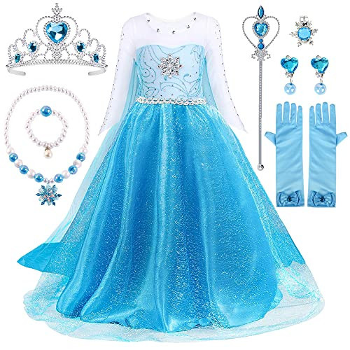 TOLOYE Elsa Costume for Girls,Princess Elsa Dresses Up Clothes with Crown Fairy Wand Necklace for Birthday Party Cosplay (130) | Amazon (US)