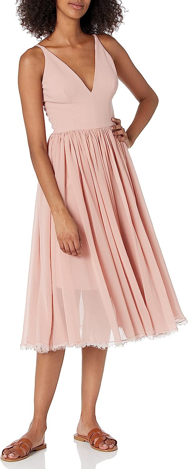 Dress the Population Women's Alicia Plunging Mix Media Sleeveless Fit and Flare Midi Dress | Amazon (US)