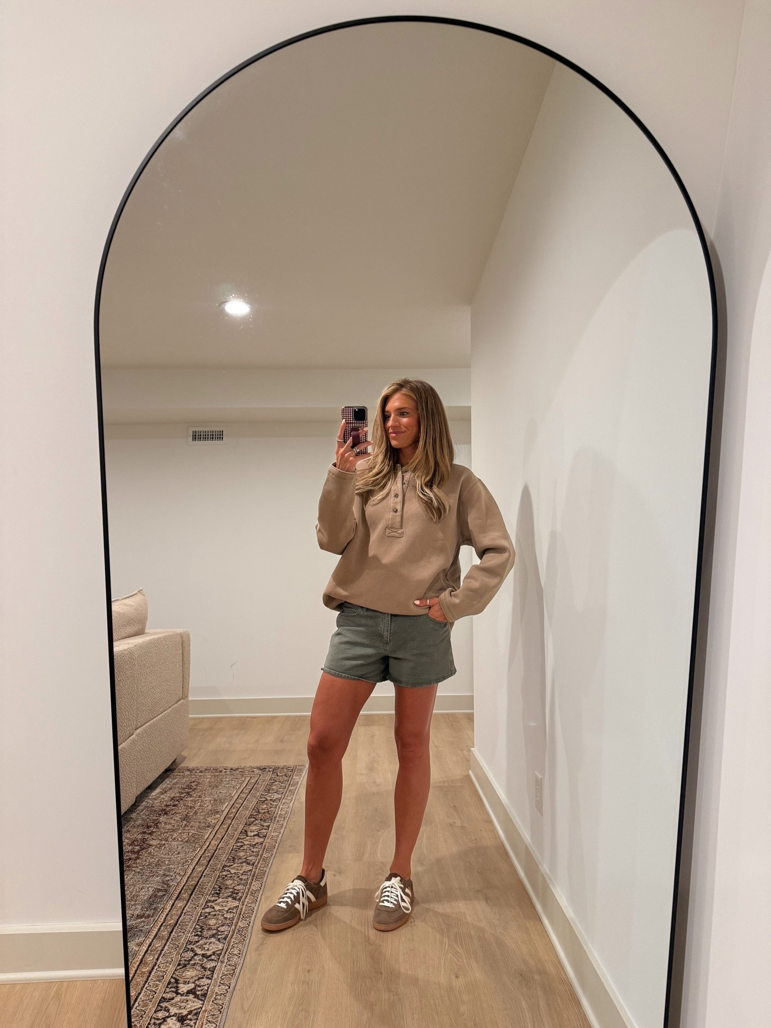 Outfit I wore to the movies this weekend. 
Shorts run tts and are a mid rise
Henley sweatshirt runs oversized and tall sizes. Wearing medium tall because they don’t carry small tall but love the oversized fit 



@abercrombie
