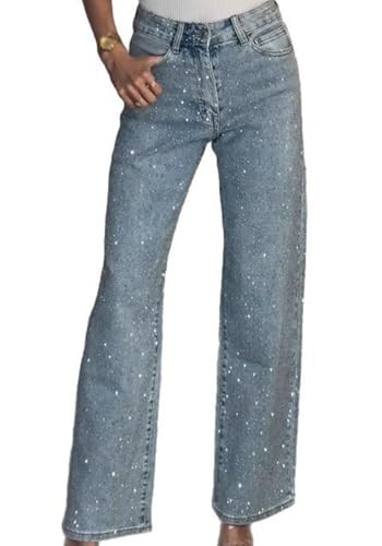 Famnbro Womens Rhinestone Jeans Baggy Y2K High Waisted Straight Wide Leg Sparkly Bling Glitter De... | Amazon (US)