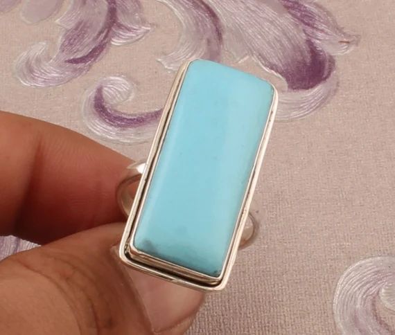 925 Sterling Silver Rings For Women, Turquoise Ring, Blue Rectangle Handmade Cabochon Gemstone Ri... | Etsy (US)