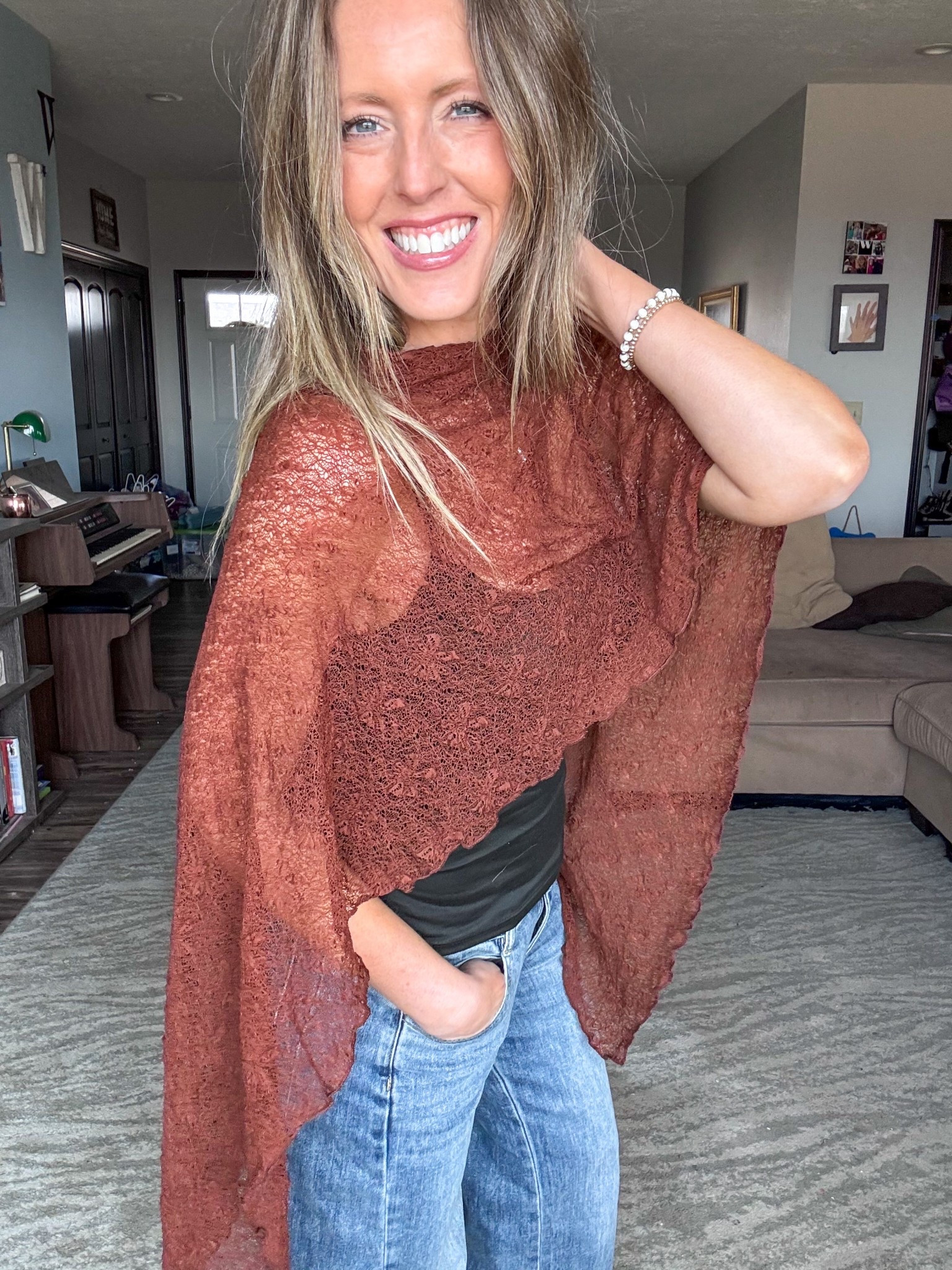 Love a good poncho top and this one is so pretty! 🤎 Loving the textured fabric in brown. Wearing a small.

As an Amazon Influencer I earn commission on qualifying purchases.

Trendy fashion, poncho top, spring fashion, spring layers, brown top, light wash denim, mom style 

#LTKOver40 #LTKootd #LTKMidsize
