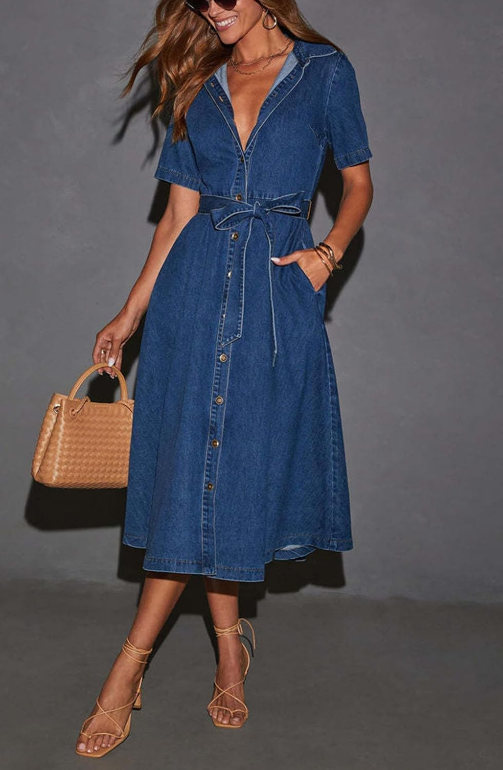 This elegant denim shirt dress combines timeless charm with everyday comfort. Made with soft denim fabric, it features a flattering button down front, short sleeves, a belted waist that enhances your silhouette, and practical side pockets. The midi length makes it perfect for casual outings, brunch dates, or warm sunny days. Pair it with your favorite sandals or heels for a chic and effortless look. Tap to explore and style your new favorite outfit.

#denimdress #midioutfit #summerstyle #fashioninspo 

 #LTKPetite #LTKFindsUnder50 #LTKWorkwear