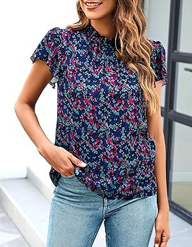 SimpleFun Women Boho Shirts Floral Ruffle Short Sleeve Mock Neck Flowy Casual Summer Blouses Tops | Amazon (US)
