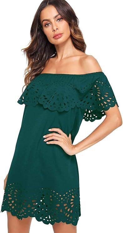 Floerns Women's Off Shoulder Ruffle Loose Tunic Shift Dress | Amazon (US)