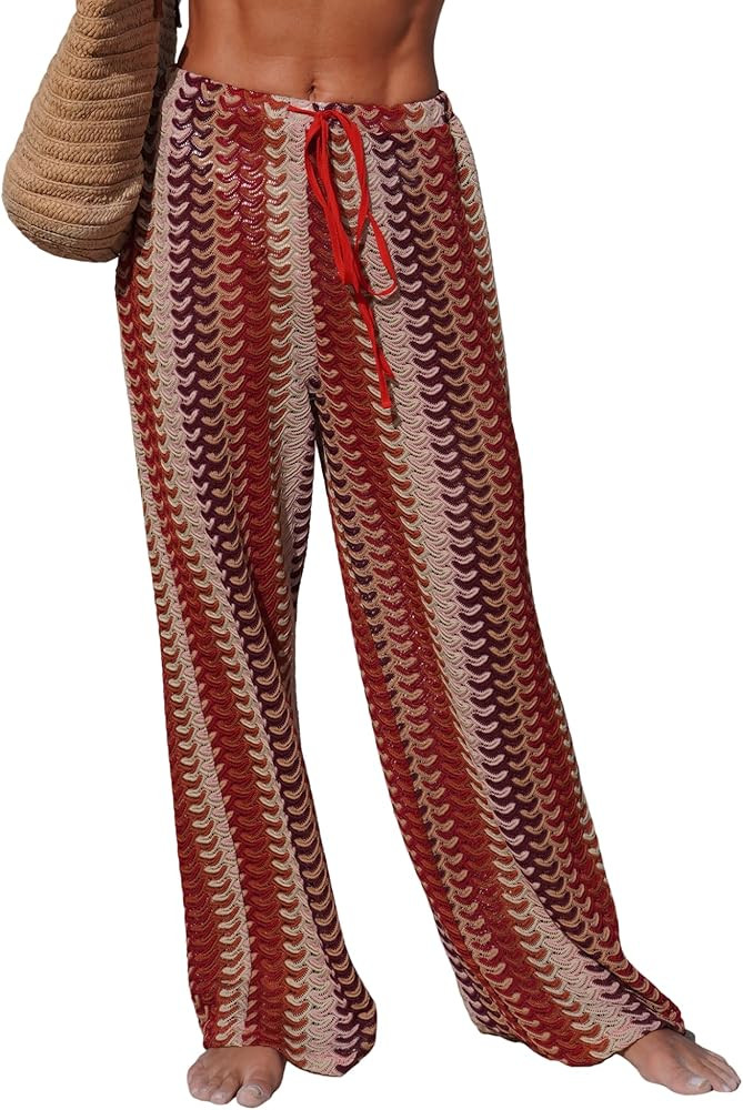 ZAFUL Womens Beach Cover Up Pants Sexy Crochet Drawstring Elastic Boho Swimsuit Cover Up Long Pan... | Amazon (US)