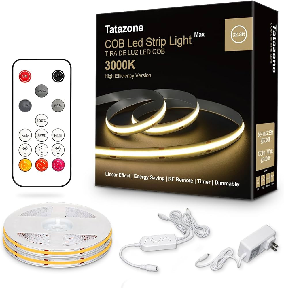 32.8ft 3000K Bright COB LED Strip Light, Dimmable, Warm White, Indoor, RF Remote, Adhesive, for L... | Amazon (US)