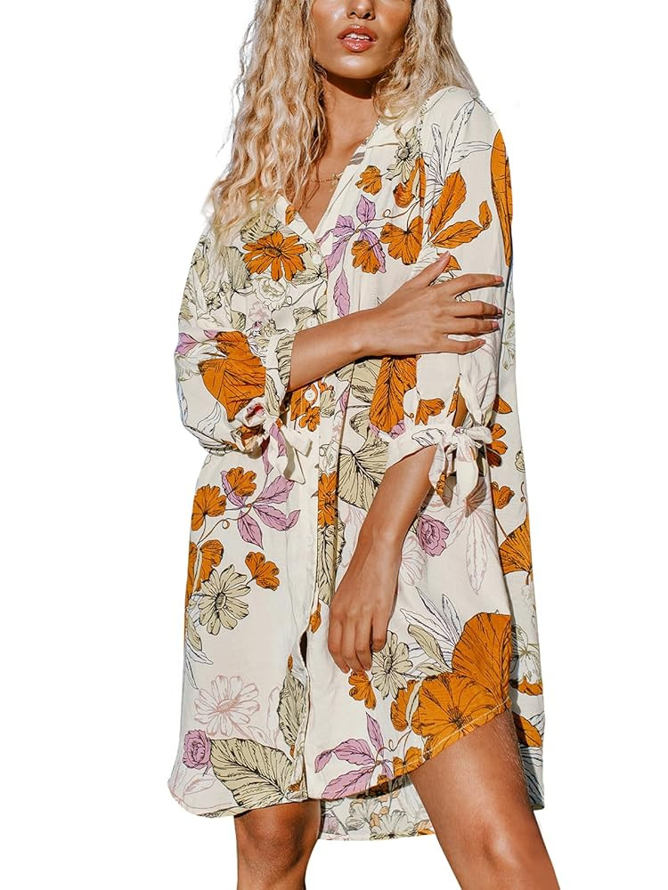 CUPSHE Women Mini Summer Dress Cover Up Oversize Floral Shirt 3/4 Sleeve Cuff Tie Button Down Bea... | Amazon (US)