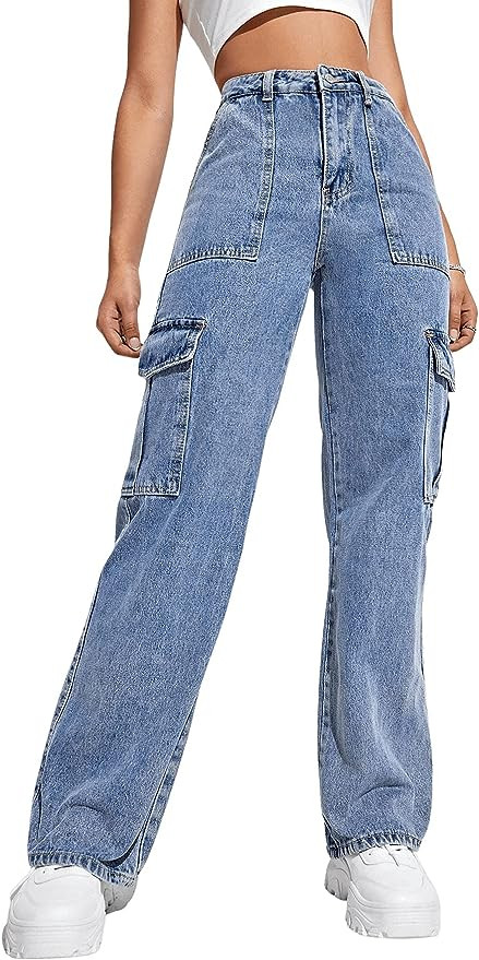 SweatyRocks Women's High Waist Cargo Jeans Flap Pocket Wide Leg Denim Pants | Amazon (US)