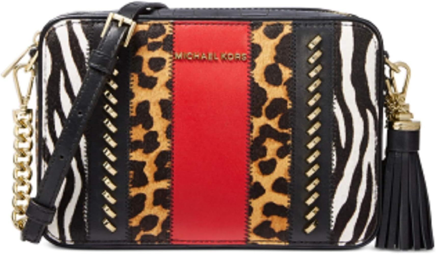 MICHAEL MICHAEL KORS Jet Set Medium Calf Hair and Leather Camera Bag Crossbody Red Leopard Zebra | Amazon (US)