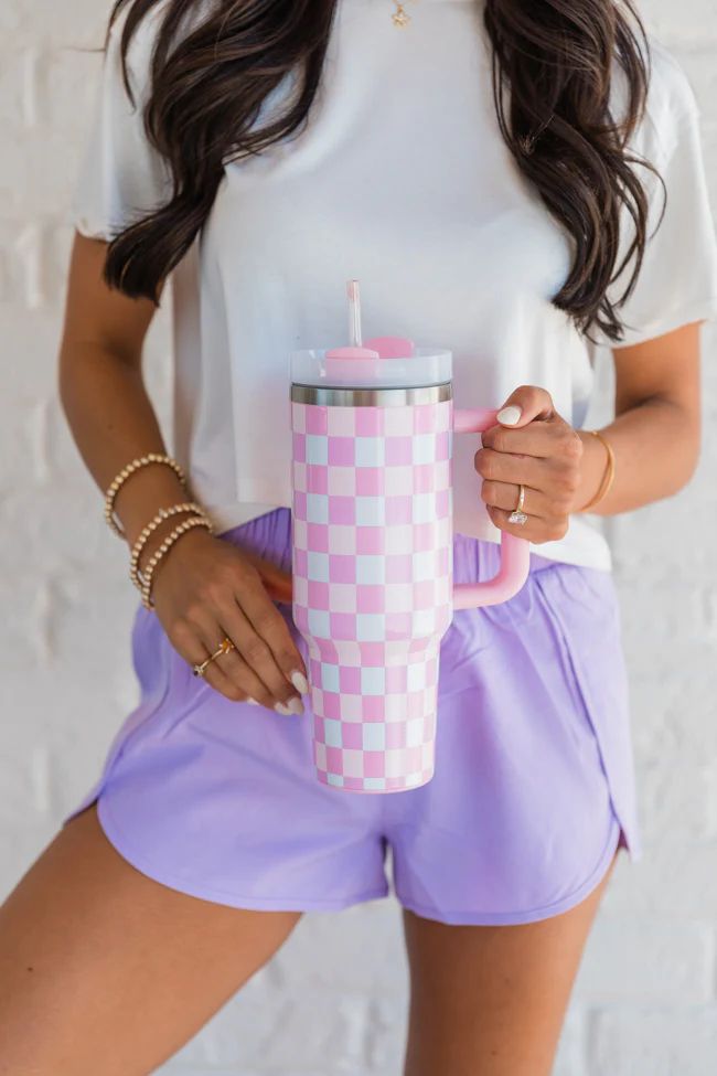 Sippin' Pretty Multi Pastel Checkered 40 oz Drink Tumbler With Lid And Straw DOORBUSTER | Pink Lily